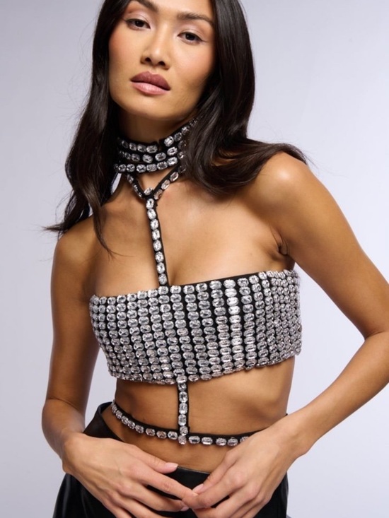 AKIRA Tops - Rhinestone Crystal Bandeau Crop Top, body chain, Choker, rave festival, sparkle